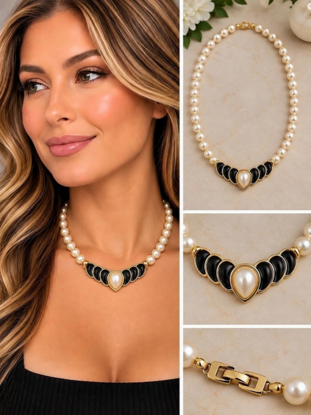 Napier Pearl Statement Necklace in White & Black